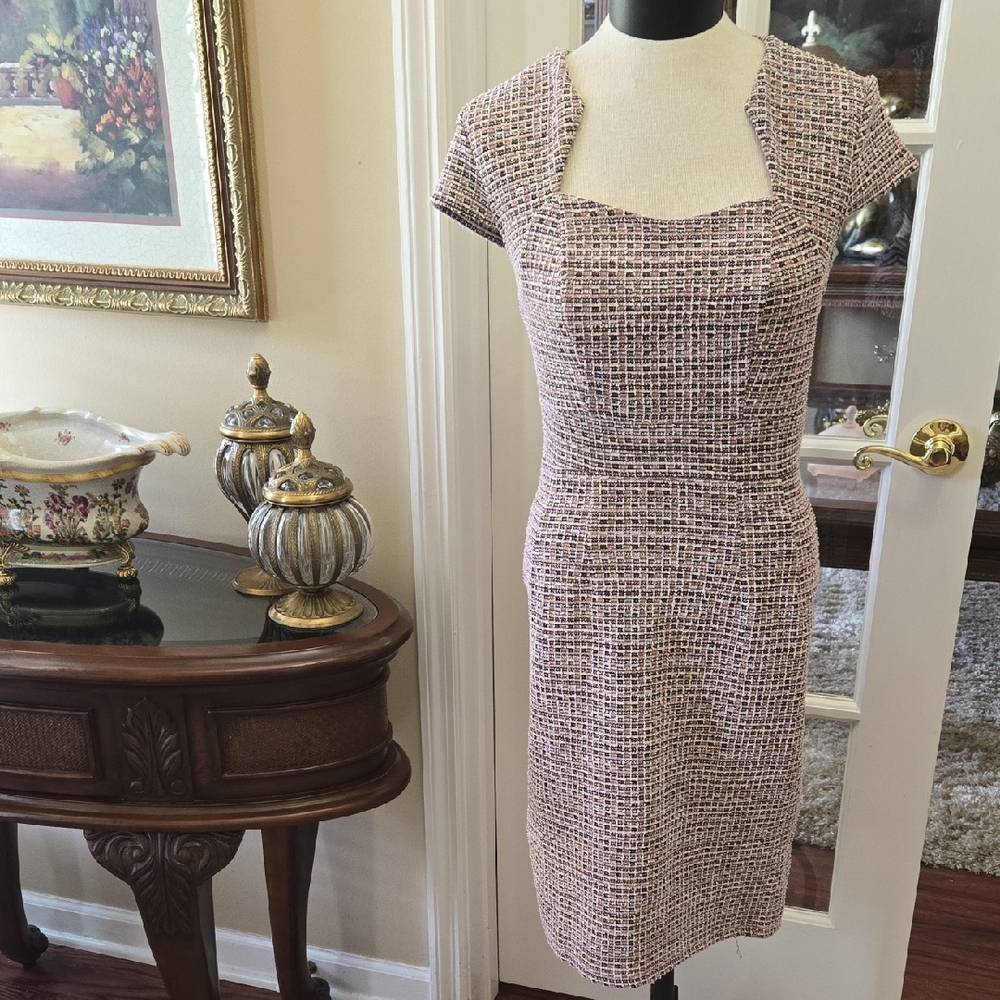 Grace Karin Elegant Pink Gray Tweed Dress Cap Sleeve Stretch Empire Waist 8 EUC
